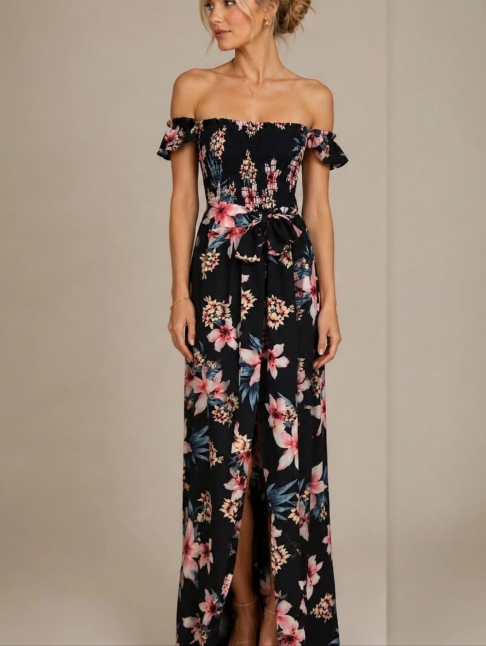 Windsor Black Floral Off-Shoulder Maxi Dress Medium